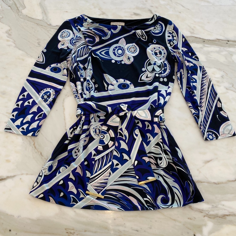 EMILIO PUCCI BLACK BLUE SILK BELTED TOP MODEL 36RM41 SIZE IT 44 / US 10